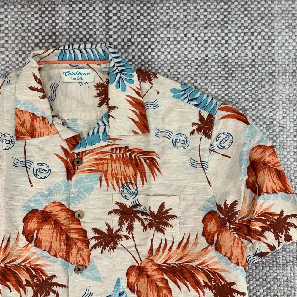 Caribbean Pure Silk Shirt Mens Large Cream Orange Blue Tropical Palm Camp Button